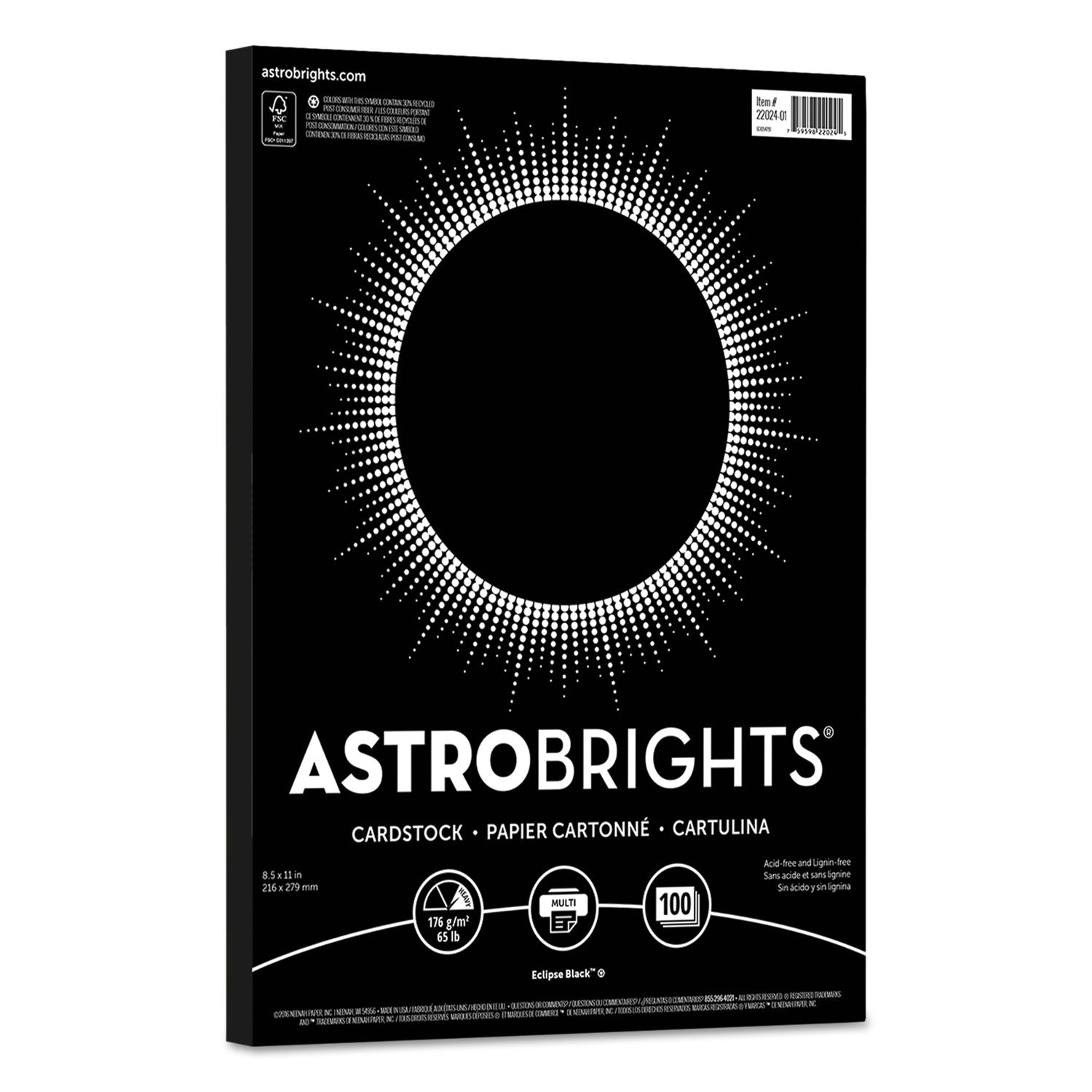 Astrobrights Color Cardstock, 65 lb Cover Weight, 8.5 x 11, Eclipse Black, 100/Pack