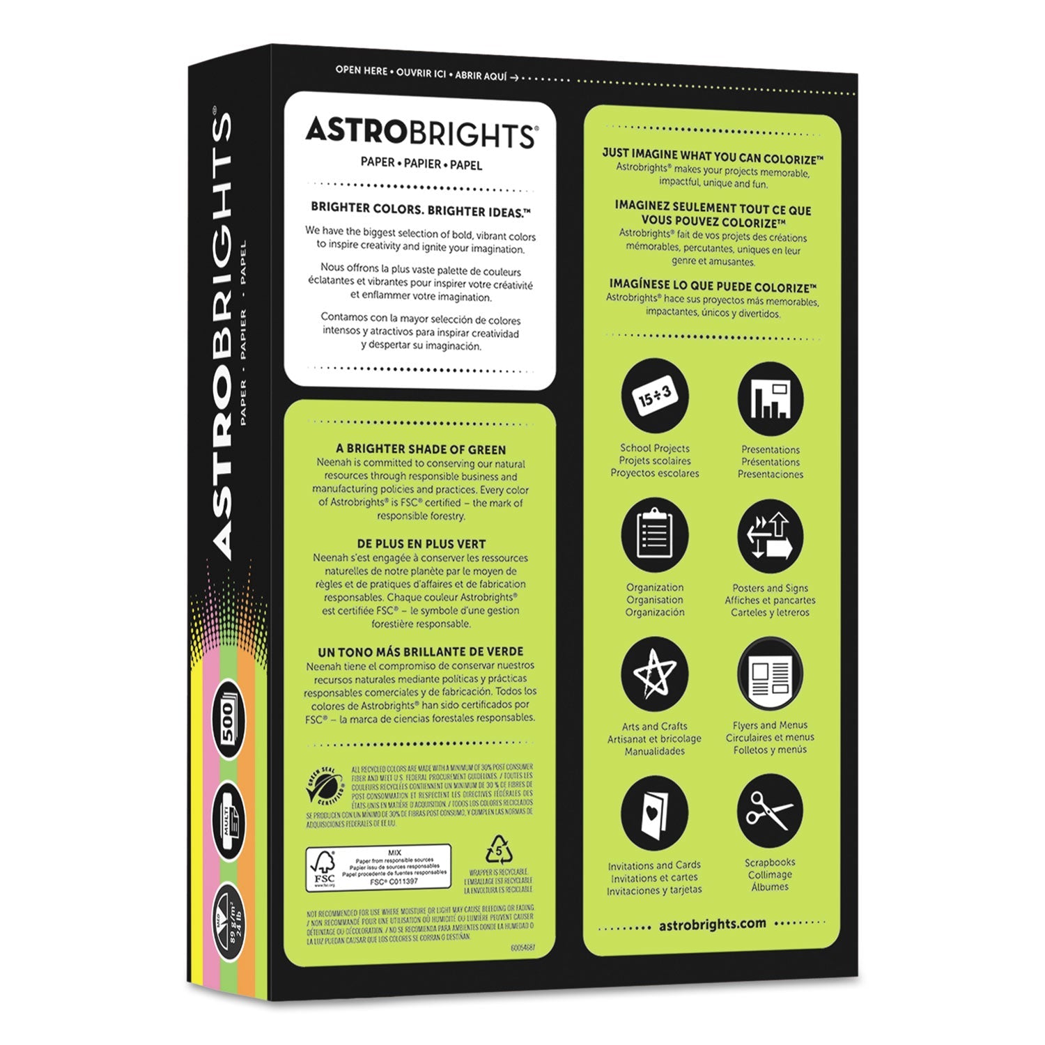 Astrobrights Color Paper - "Neon" Assortment, 24 lb Bond Weight, 8.5 x 11, Assorted Neon Colors, 500/Ream