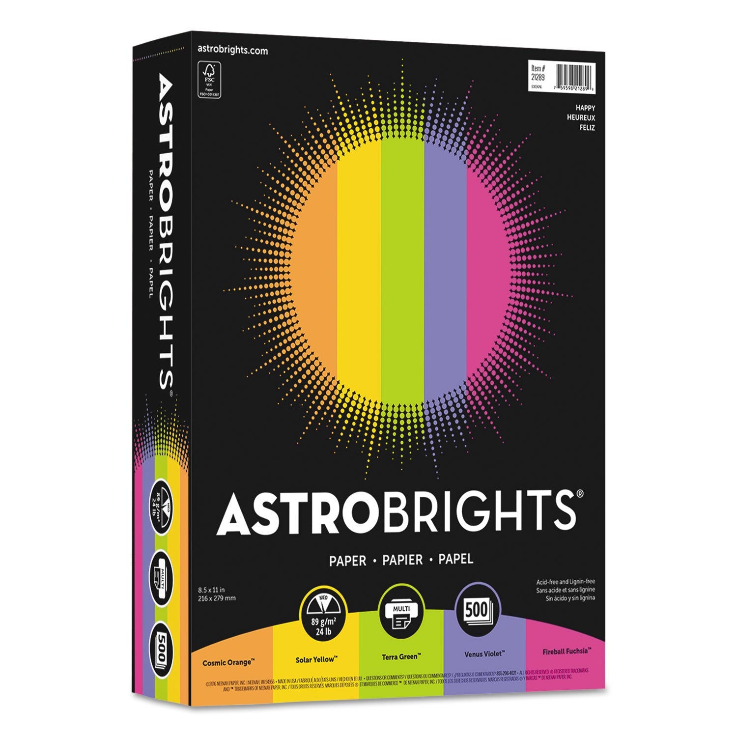 Astrobrights Color Paper - "Happy" Assortment, 24 lb Bond Weight, 8.5 x 11, Assorted Happy Colors, 500/Ream