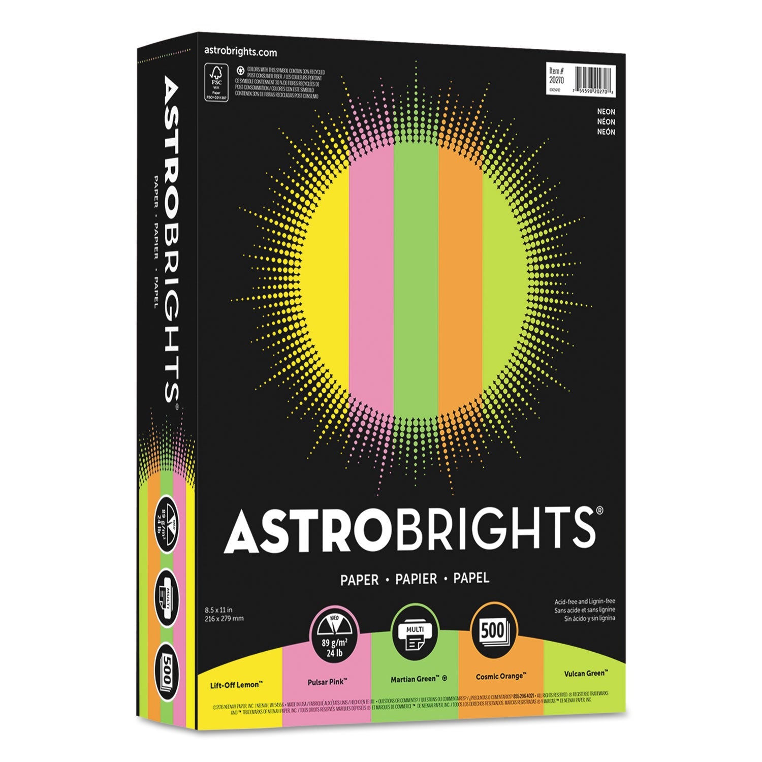 Astrobrights Color Paper - "Neon" Assortment, 24 lb Bond Weight, 8.5 x 11, Assorted Neon Colors, 500/Ream