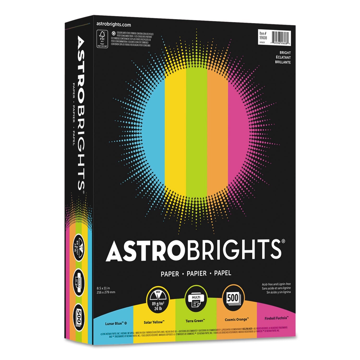 Astrobrights Color Paper -"Bright" Assortment, 24 lb Bond Weight, 8.5 x 11, Assorted Bright Colors, 500/Ream