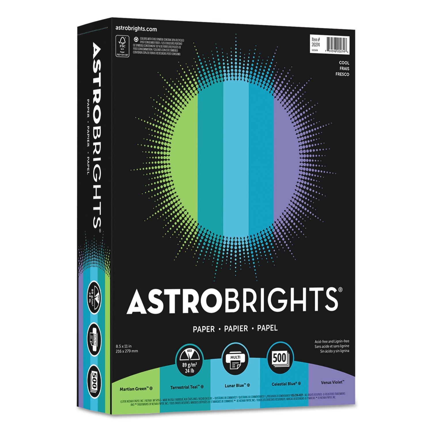 Astrobrights Color Paper - "Cool" Assortment, 24 lb Bond Weight, 8.5 x 11, Assorted Cool Colors, 500/Ream