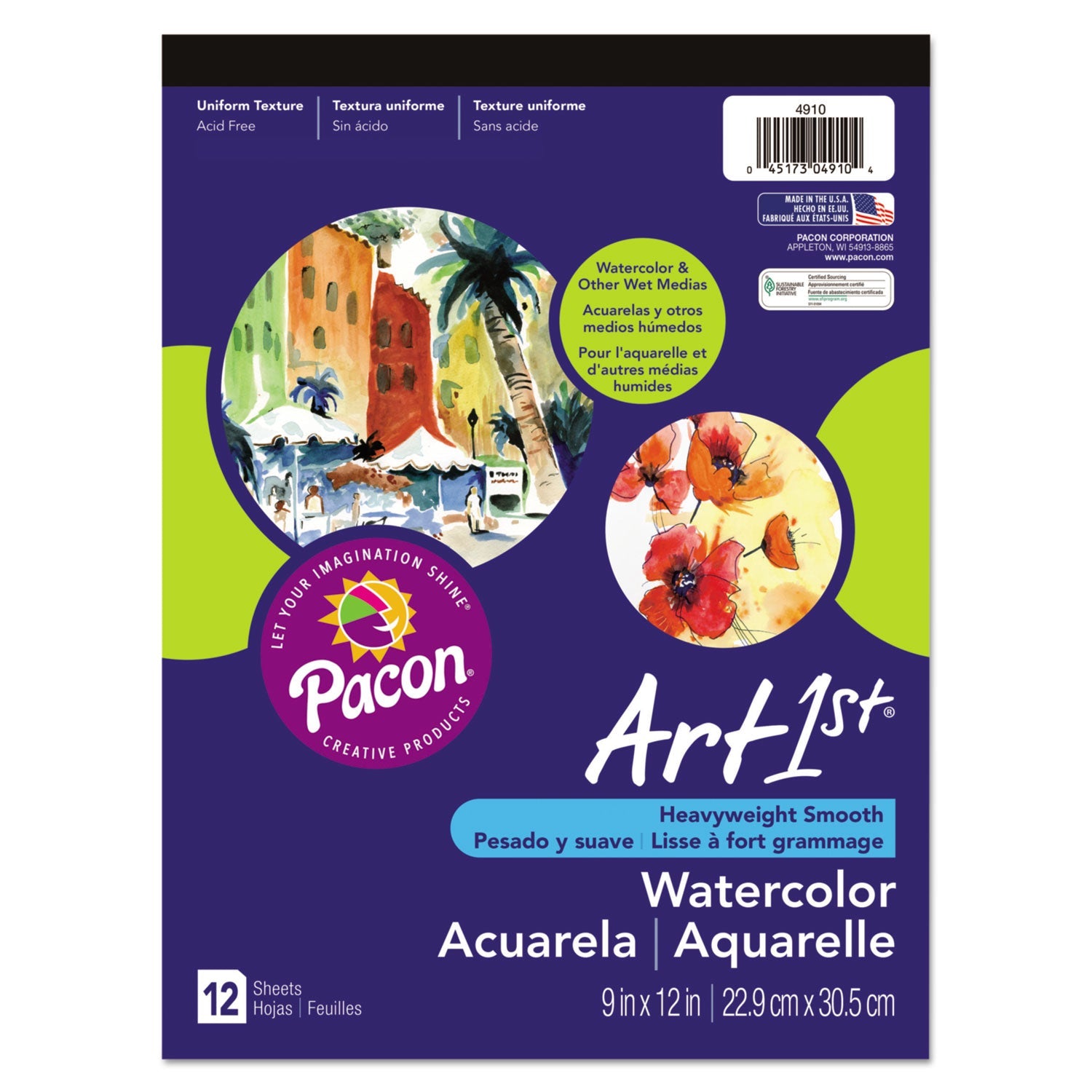 Pacon Artist Watercolor Paper Pad, Unruled, Yellow Cover, 12 White 9 x 12 Sheets